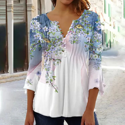【😍Korlátozott idejű ajánlat】【S-5XL】Női divatos V-nyakú nyomtatott póló