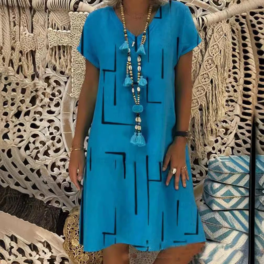 👗【S–5XL】Mintás pamut ruha V-nyakkivágással-4349831