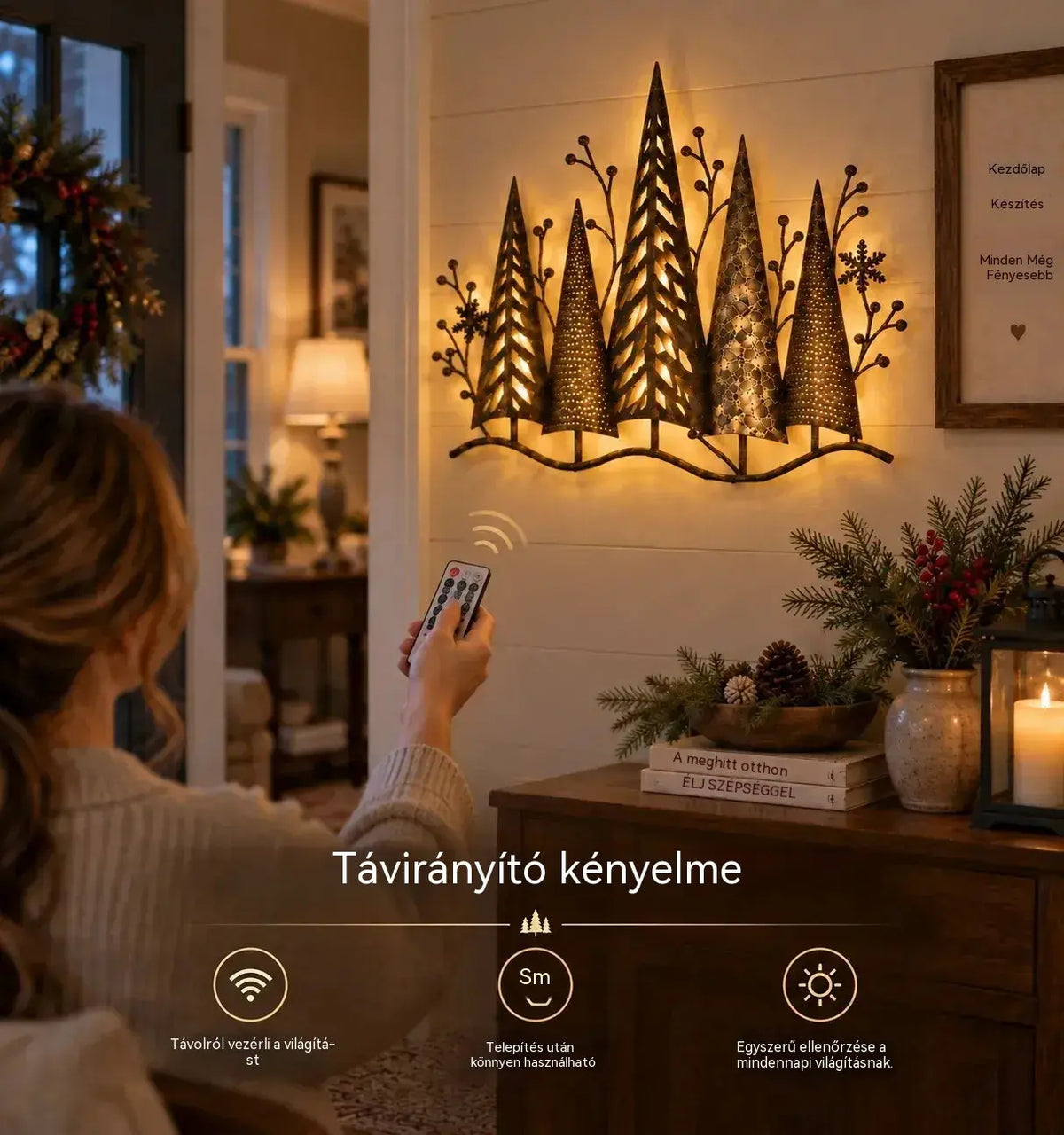 🎄🕯️ Erdőmotívummal és vintage ihletésű, megvilágított fém fali dekoráció 🌙