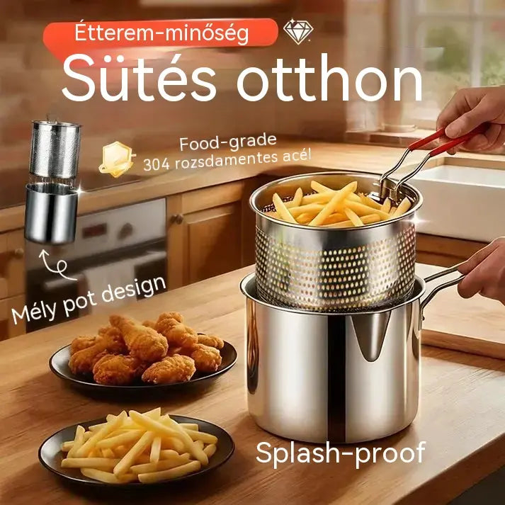 Rozsdamentes acél mini fritőz sütőkosárral – Kompakt, olajtakarékos és nem fröccsen! 🍟🍗
