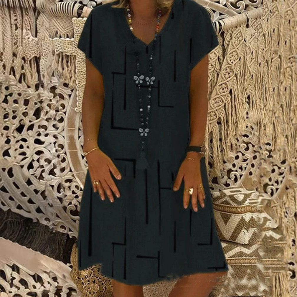 👗【S–5XL】Mintás pamut ruha V-nyakkivágással-4349831