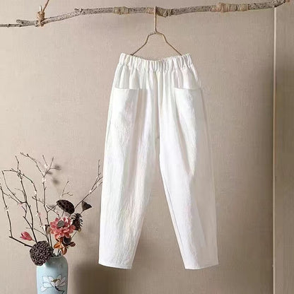 👖【50% kedvezmény】M-4XL vékony női egyszínű pamut-len alkalmi nadrág, rugalmas derékpánt、