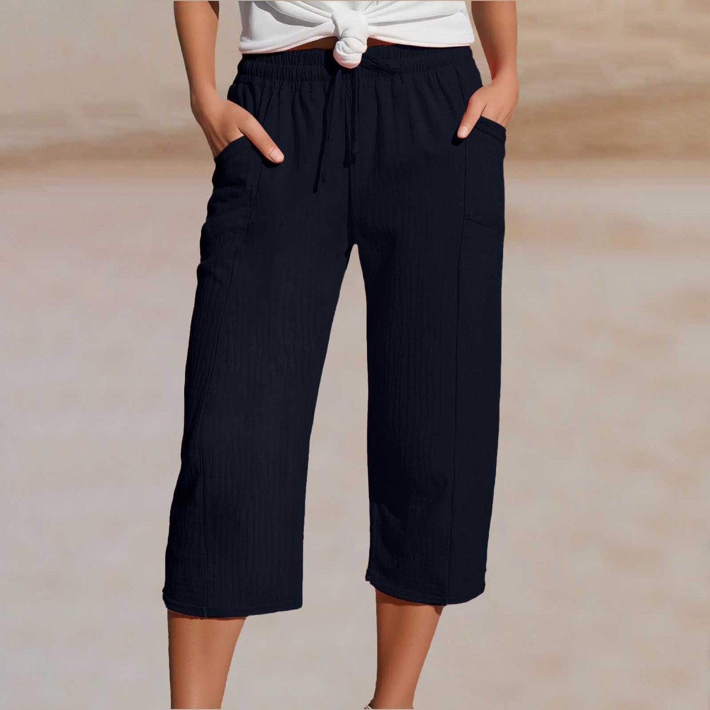 🌸【50% kedvezmény】Női egyszínű, ráncolt pamut-len hosszú (7/8-as) nadrág