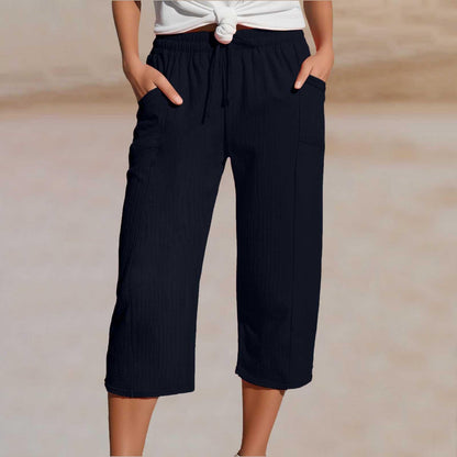 🌸【50% kedvezmény】Női egyszínű, ráncolt pamut-len hosszú (7/8-as) nadrág