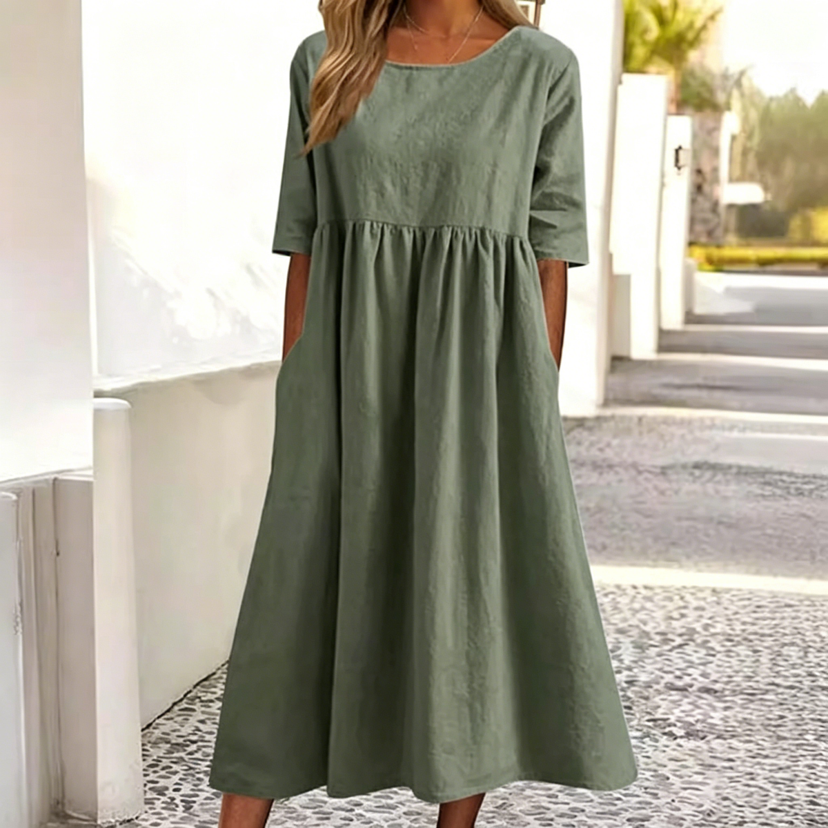 💃【50% kedvezmény】Új pamut-len alkalmi rövid ujjú ruha zsebekkel, ingyenes szállítással.