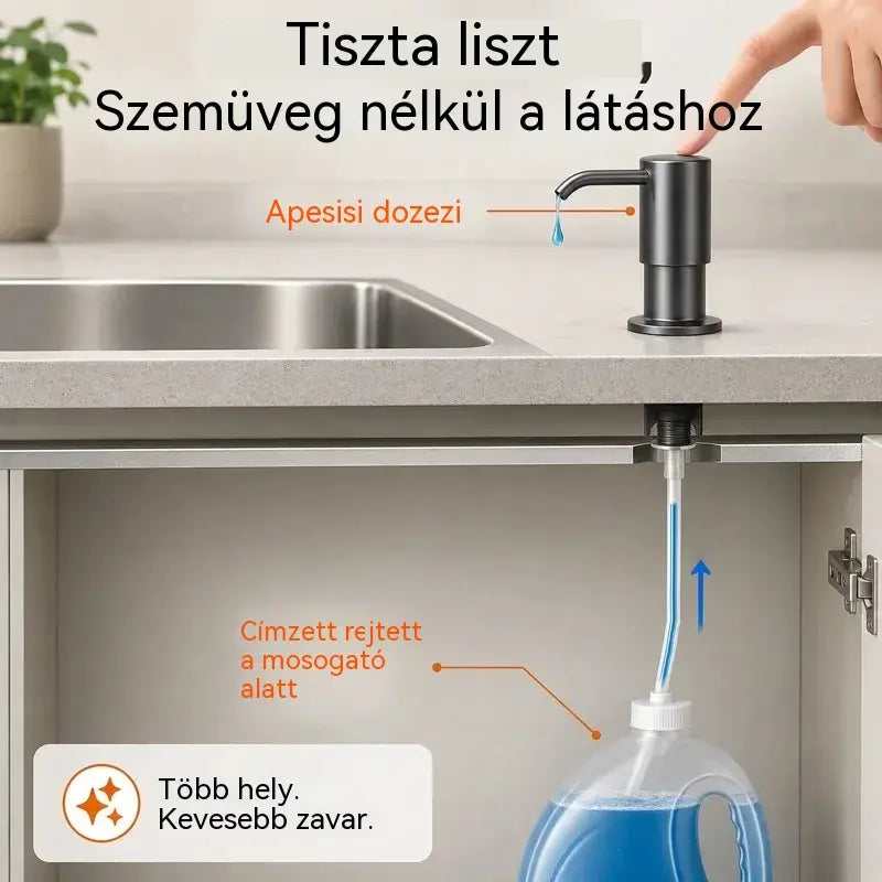 Beépített szappan- és mosószeradagoló konyhai mosogatóba, prémium rozsdamentes acélból készült, közvetlenül az üvegre öblítő, kihúzható csővel és 304-es gravitációs golyóval, gyors pumpálással
