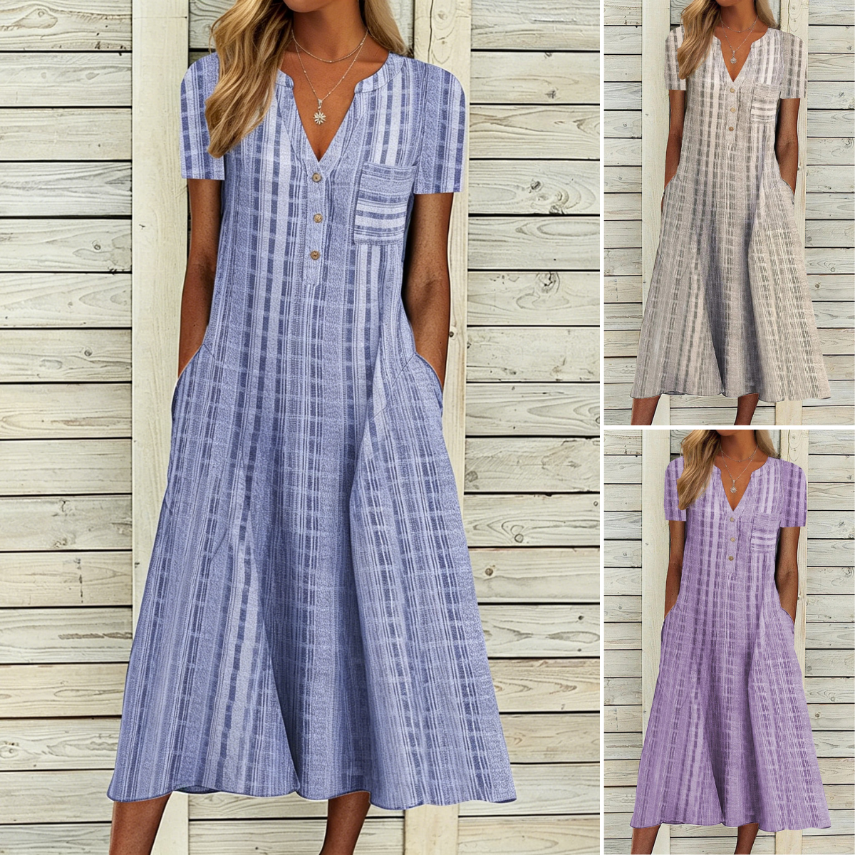 🔥【50% kedvezmény】[S-3XL]👗Elegáns kockás V nyakú A-vonalú ruha