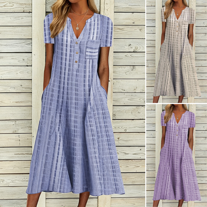 🔥【50% kedvezmény】[S-3XL]👗Elegáns kockás V nyakú A-vonalú ruha