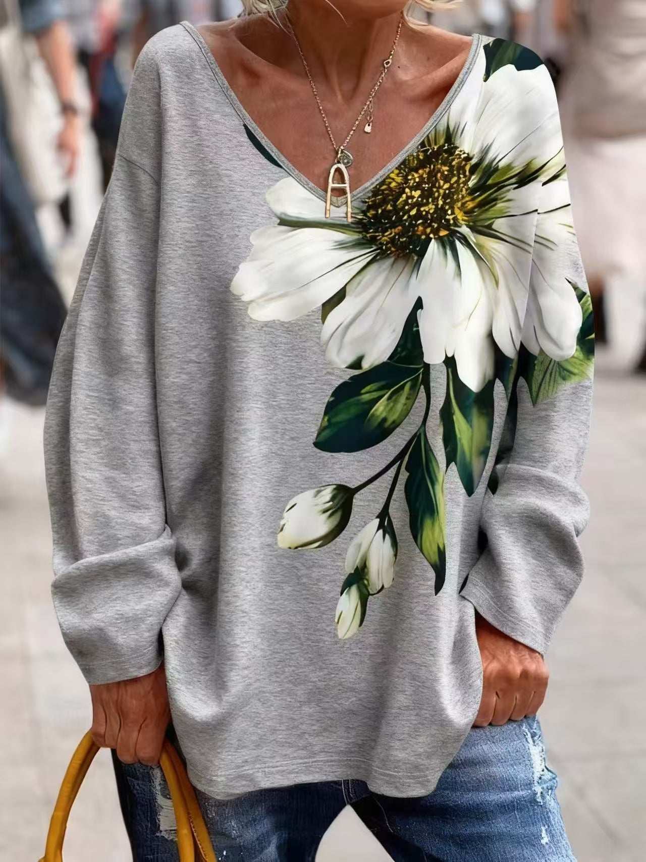💐【S-2XL】Wiosenno-jesienna modna damska koszulka z dekoltem w serek i kwiatowym nadrukiem
