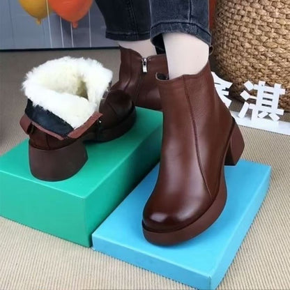 🎀👢[35-40] Téli új stílusú--Retro vastag sarkú Martin csizma női bőr csizma vízálló plusz bársony meleg pamut cipő