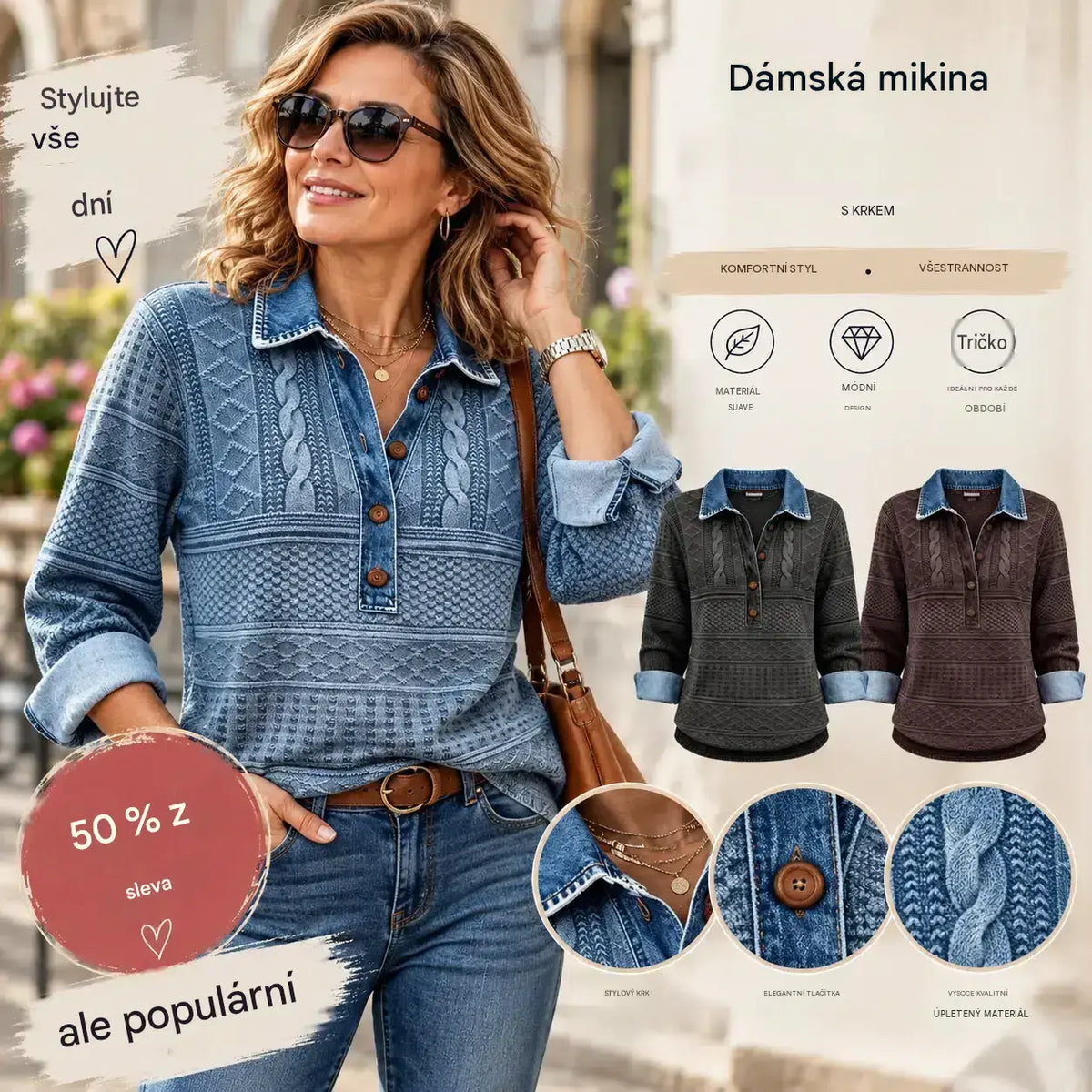 🌺🔥  【S–5XL】 Dámský retro top s džínovými detaily – Texturovaný vzor, límeček a pohodlný volný střih