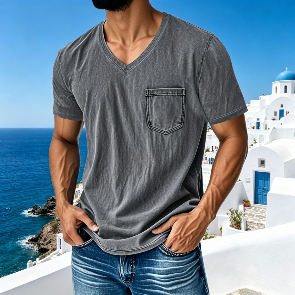👔 🔥【40–120 kg】Ανδρικό Casual Ριχτό Τζιν Πουκάμισο — V-λαιμόκοψη, Κοντό Μανίκι ✅️Διαθέσιμες Αντικαταβολή