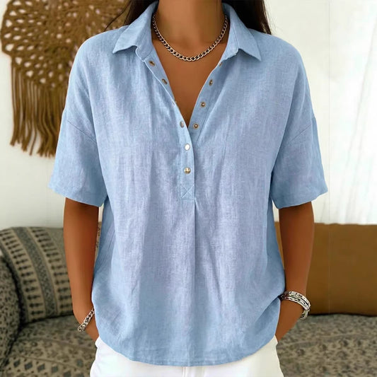 【S-3XL】Νέο γυναικείο φαρδύ, άνετο, μονόχρωμο πουκάμισο με γιακά και κοντό μανίκι για το καλοκαίρι του 2026