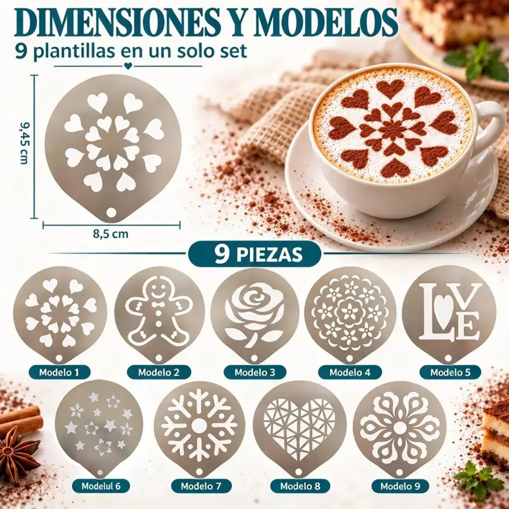 ☕【9 tétel 8600 Ft】 Rozsdamentes acél sablon kávé-latte art készítéséhez