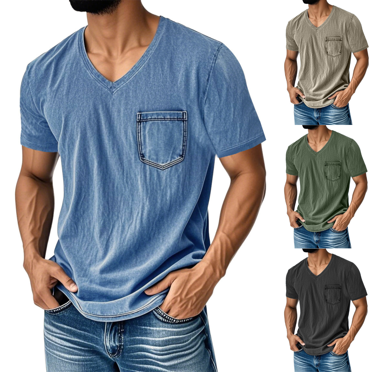 👔 50% kedvezmény🔥【40-120 kg】Férfi laza farmerhatású V-nyakú rövid ujjú póló ✅️Utánvétes fizetés ✅️2 darab vásárlása esetén 70% kedvezmény