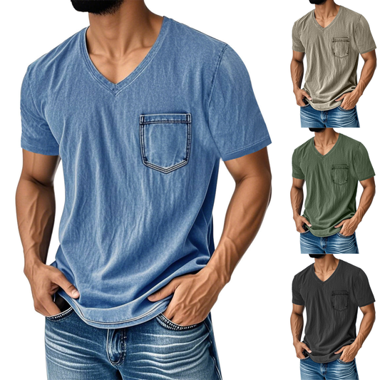 👔 50% kedvezmény🔥【40-120 kg】Férfi laza farmerhatású V-nyakú rövid ujjú póló ✅️Utánvétes fizetés ✅️2 darab vásárlása esetén 70% kedvezmény