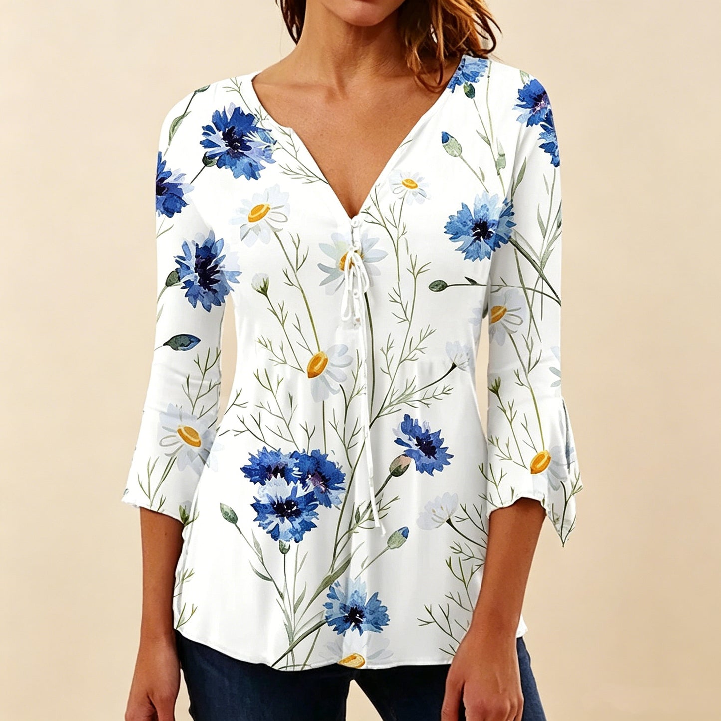 【S–5XL】Kényelmes, lezser női ruha: V nyakú, virágmintás blúz