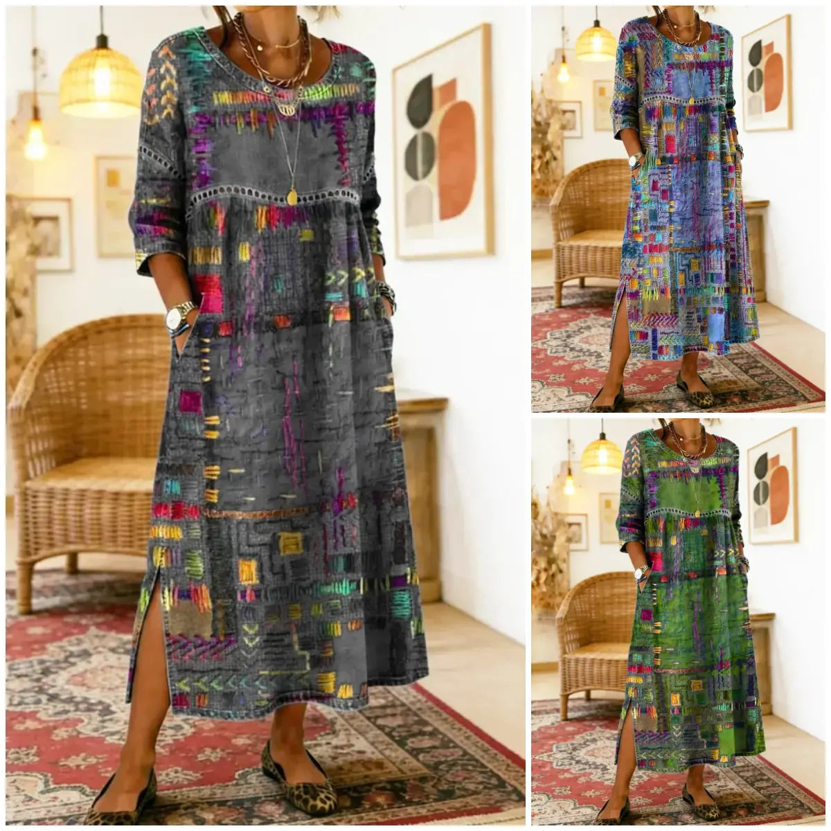 🌺✨ Zadnji dan 50% popusta!【S-5XL】Poletna retro obleka z okroglim izrezom in potiskom, lahka in zračna, oprijeta in enostavna za kombiniranje.