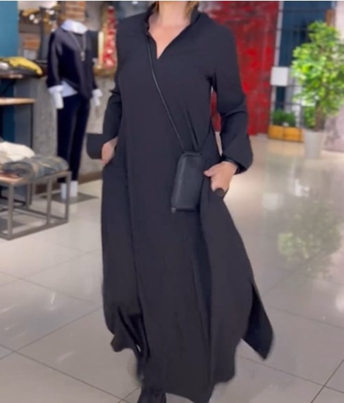 💟【S-3XL】Egyszínű, lezser ruha V-nyakkal és hosszú ujjakkal