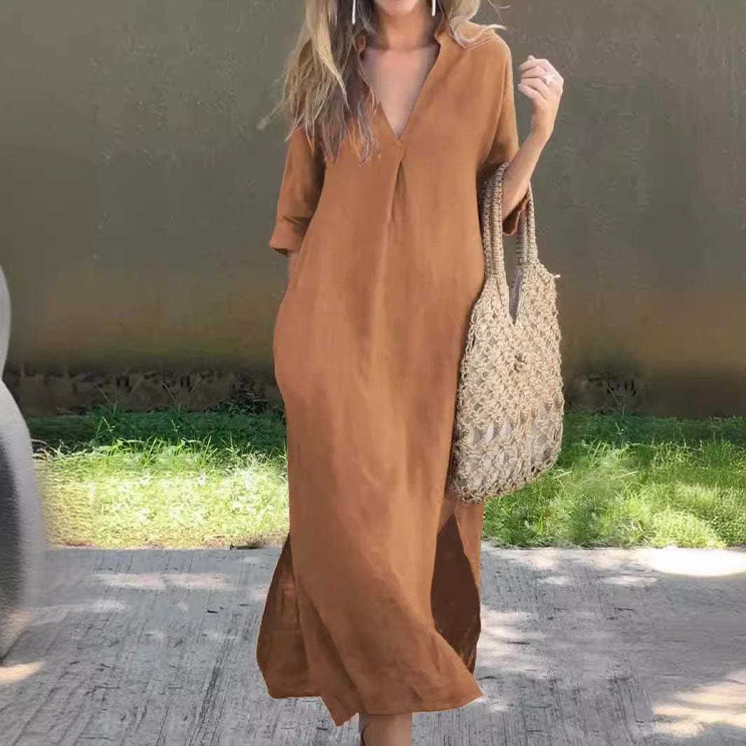 ✨👗【S–3XL】Hosszú, V-nyakú, hasítékos vászonruha, kényelmes és könnyű nyári viselet.