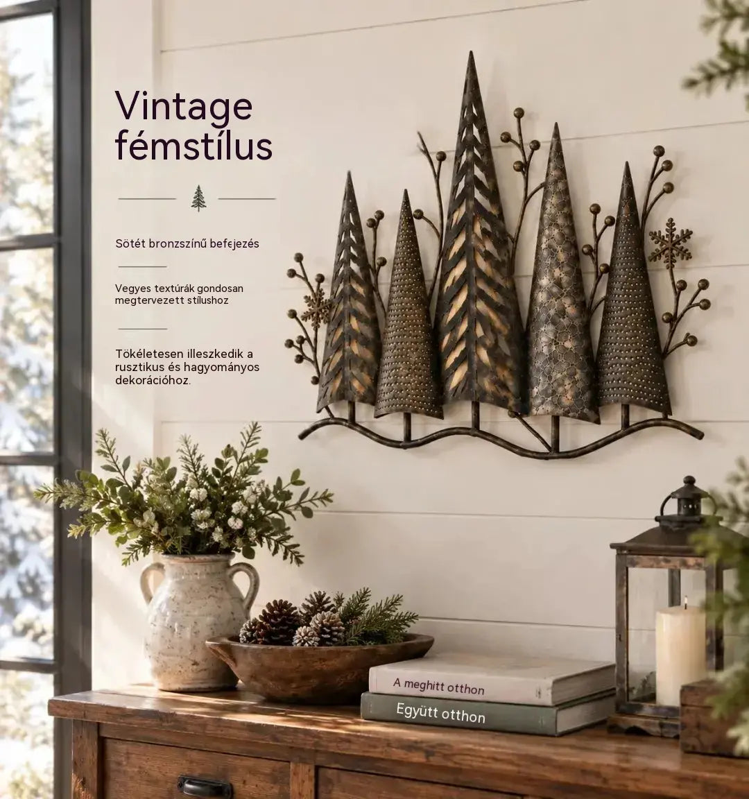🎄🕯️ Erdőmotívummal és vintage ihletésű, megvilágított fém fali dekoráció 🌙