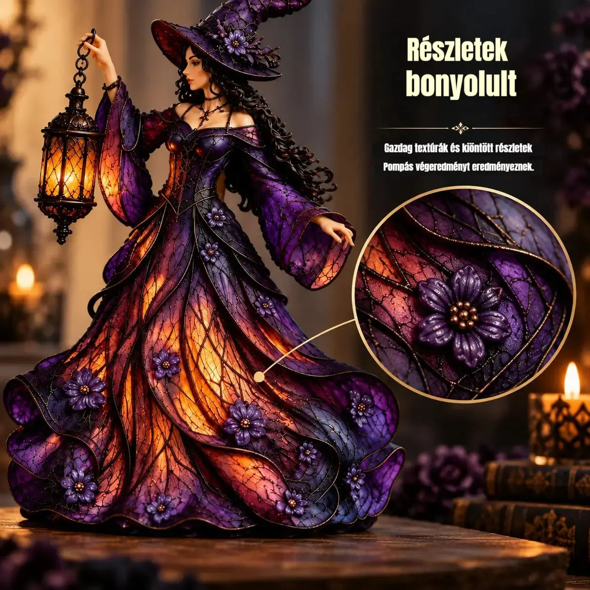 🧙‍♀️ Gótikus halloweeni boszorkányfigura LED lámpással 🧙‍♀️
