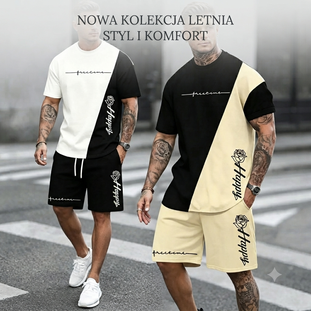 【Utánvéttel fizethető】Új férfi színblokkos szabadidő szett, laza és kényelmes