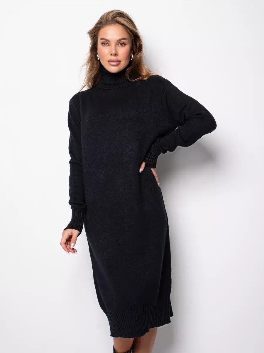 👗 Új téli stílusú, elegáns kötött ruha magas gallérral, modern és kifinomult.