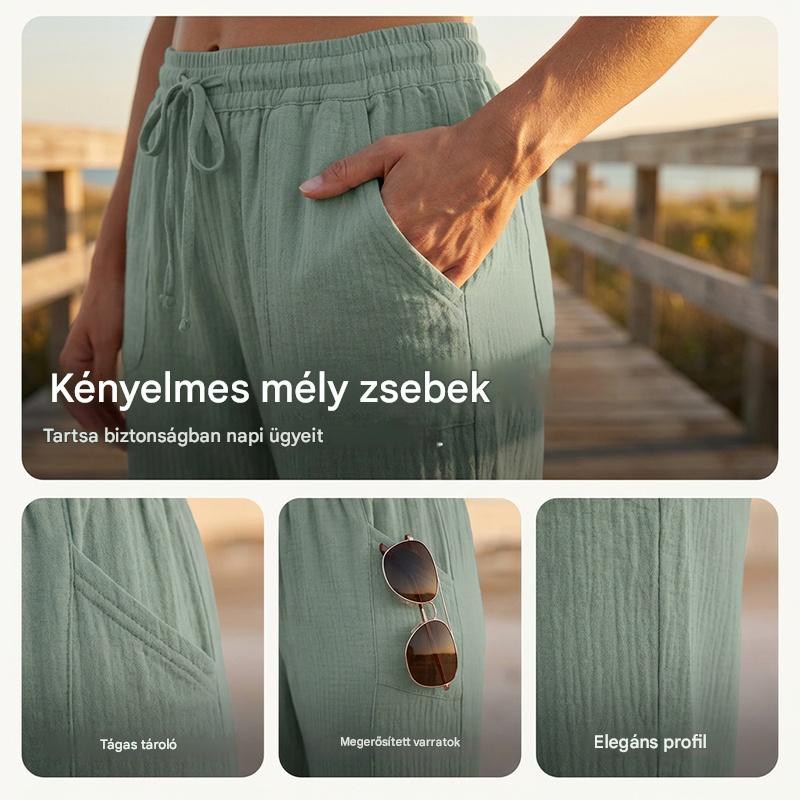 🌸【50% kedvezmény】Női egyszínű, ráncolt pamut-len hosszú (7/8-as) nadrág