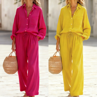 ❤️50% kedvezmény【felső + nadrág】【S-3XL】egyszínű casual szett, bő hosszú ujjú felső széles szárú nadrággal