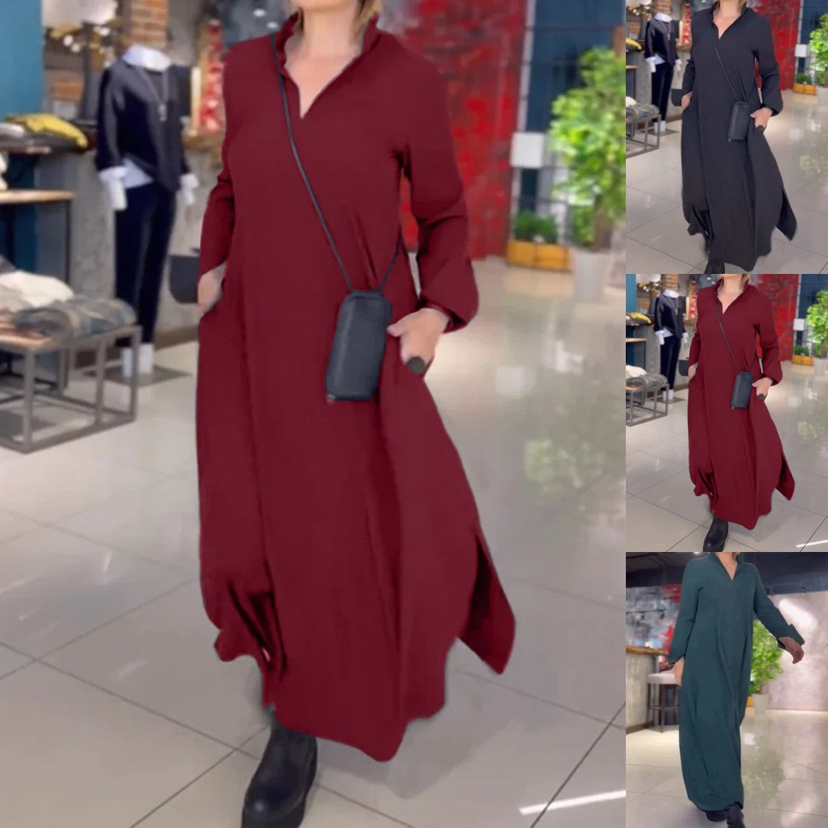 💟【S-3XL】Egyszínű, lezser ruha V-nyakkal és hosszú ujjakkal