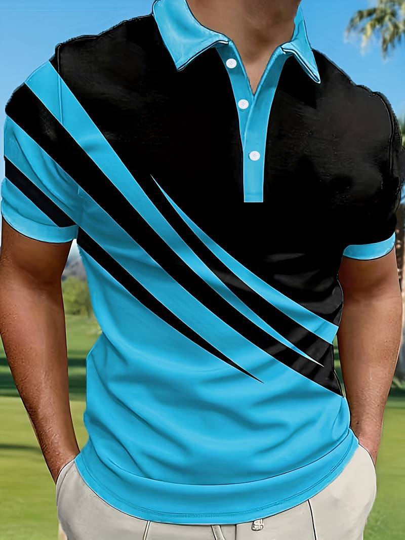 👔【S–6XL】Nagyméretű férfi nyári új 3D nyomott csíkos POLO póló