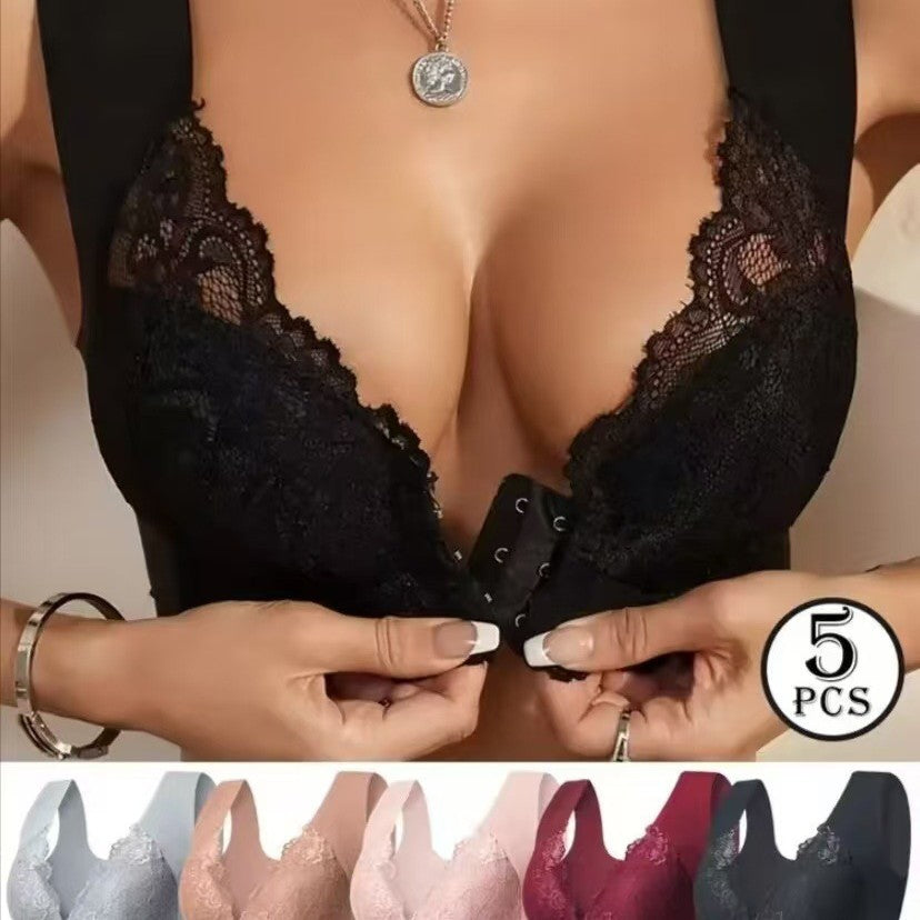 💖Po omezenou dobu nejnižší cena【Sada 5 ks】【40-100 kg】😍🩲Push-up podprsenka pro plnoštíhlé s krajkovými zády, předním zapínáním a efektem pozvednutí