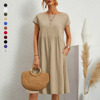✨🌼【S-5XL】Női ruha, pamut, len, kerek nyakkivágással