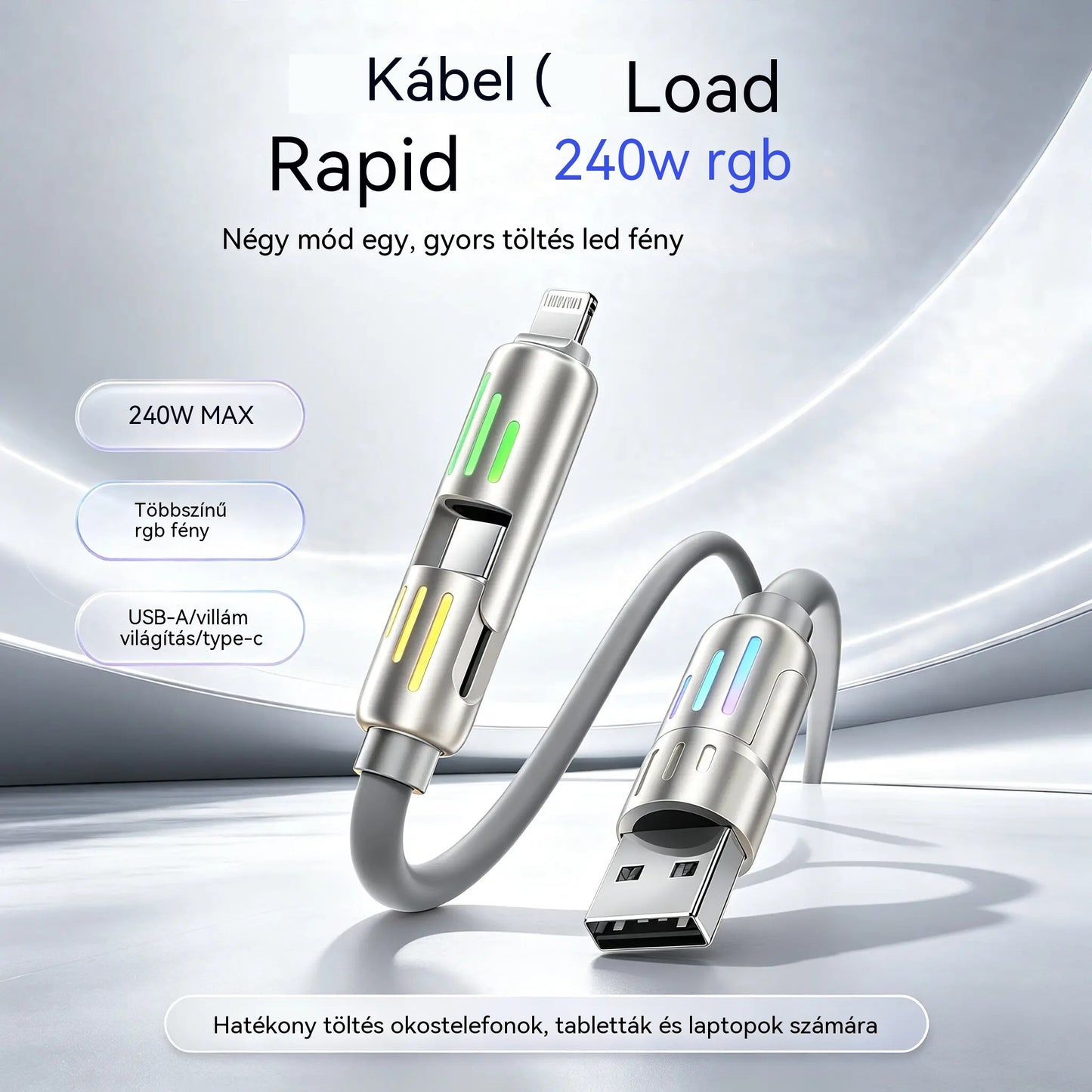 🔥【2 db 9000 Ft】🔥(2 méter hosszú) 4 az 1-ben PD 240W kábel - Gyors USB-C, Lightning és USB-A töltés, alumínium és szilikon kivitel, adatátvitel ⚡📱