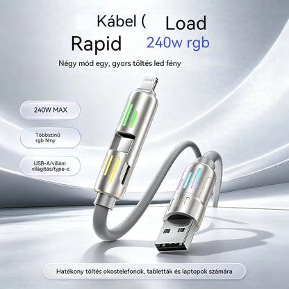 🔥【2 db 9000 Ft】🔥(2 méter hosszú) 4 az 1-ben PD 240W kábel - Gyors USB-C, Lightning és USB-A töltés, alumínium és szilikon kivitel, adatátvitel ⚡📱