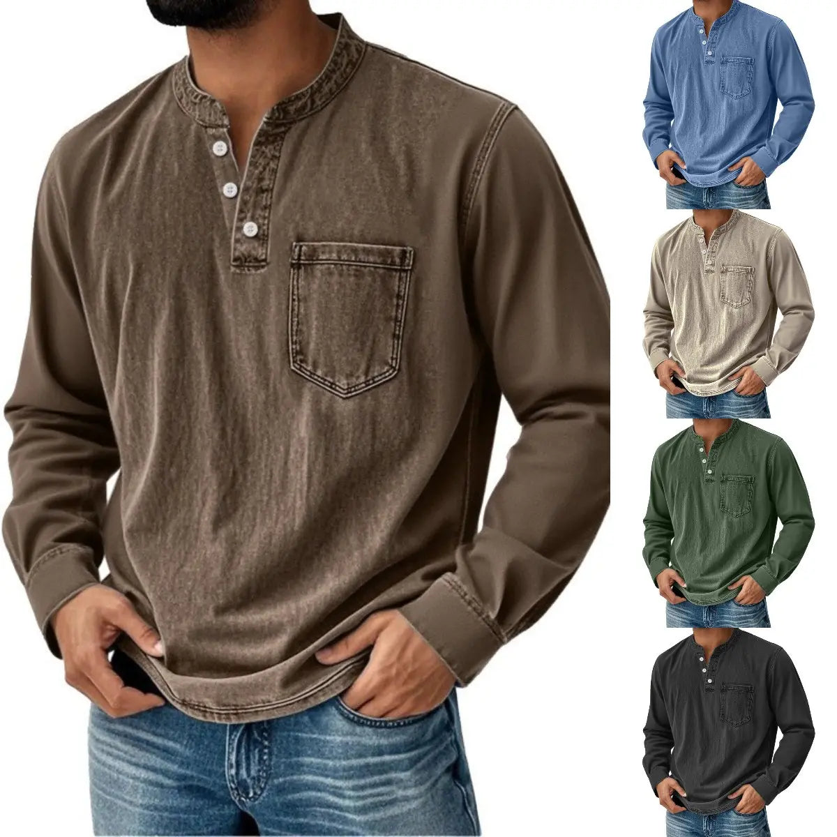✨👔 Férfi hosszú ujjú Henley-ing mellzsebbel | Klasszikus, lezser stílus