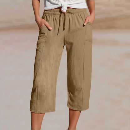 🌸【50% kedvezmény】Női egyszínű, ráncolt pamut-len hosszú (7/8-as) nadrág