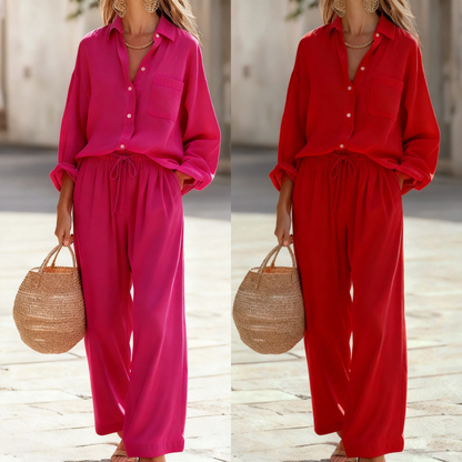 ❤️50% kedvezmény【felső + nadrág】【S-3XL】egyszínű casual szett, bő hosszú ujjú felső széles szárú nadrággal