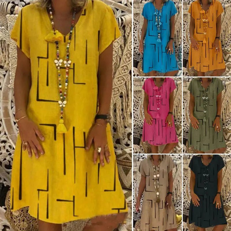 👗【S–5XL】Mintás pamut ruha V-nyakkivágással-4349831