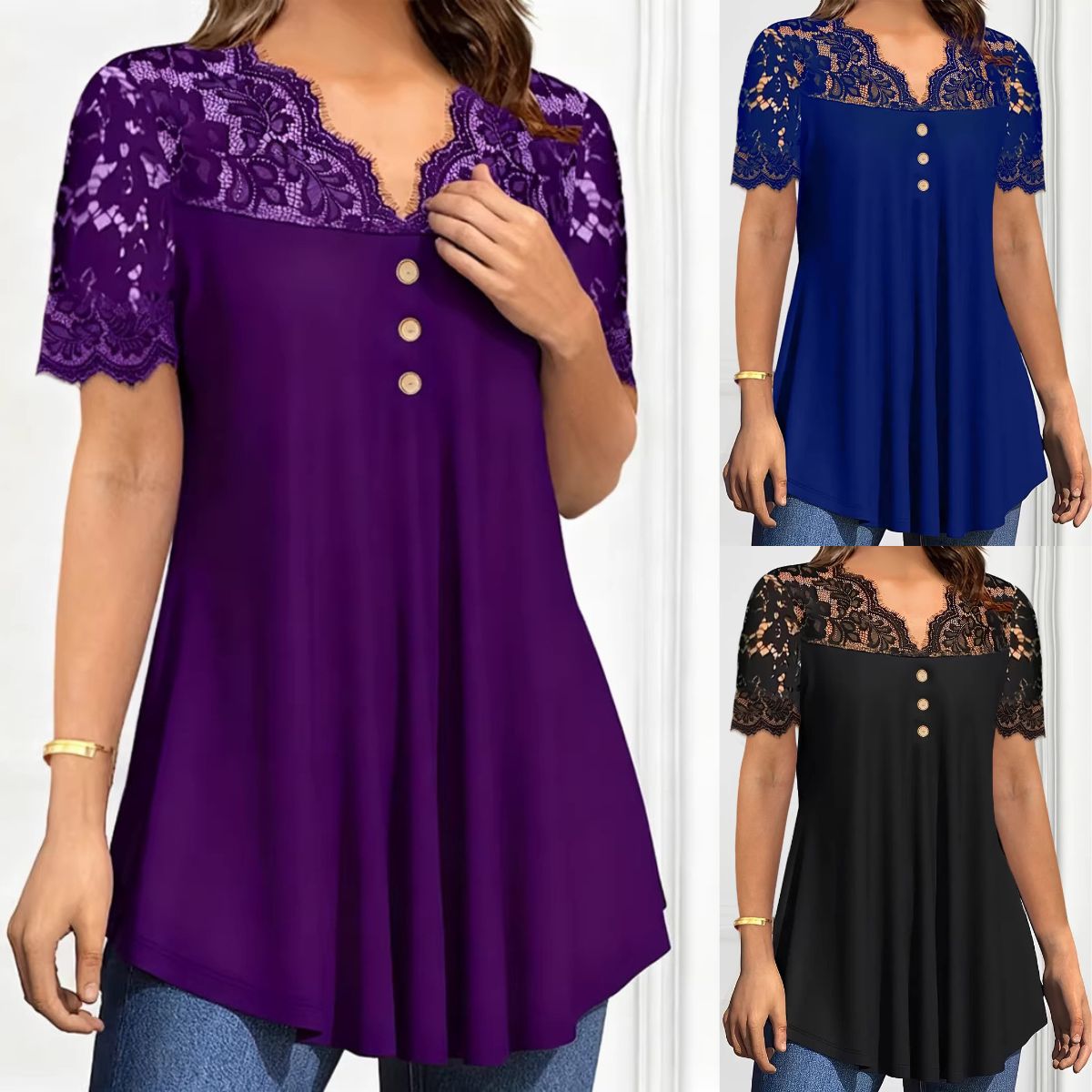 🔥【S-2XL】💖🎁Nowy koronkowy top z dekoltem w serek i krótkimi rękawami na wiosnę/lato 2026