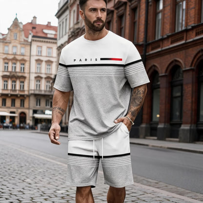 【S-5XL】Férfi laza és kényelmes rövid ujjú póló és rövidnadrág szett betűmintával.