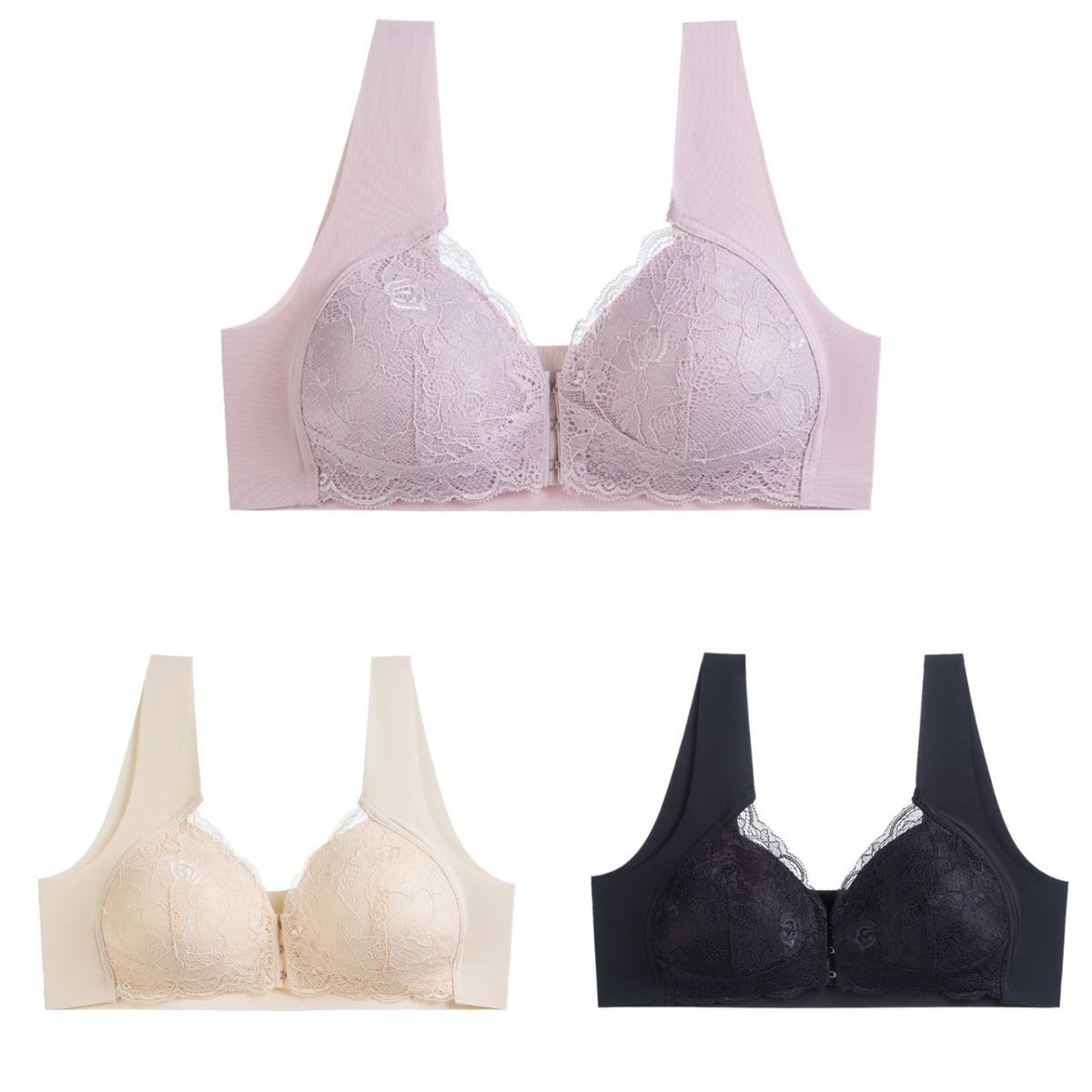 💖【3 részes szett】【40-110 kg】😍Női szexi csipkés, varrás nélküli, merevítő nélküli melltartó elöl záródó kialakítással, nagyobb méretekhez tervezve