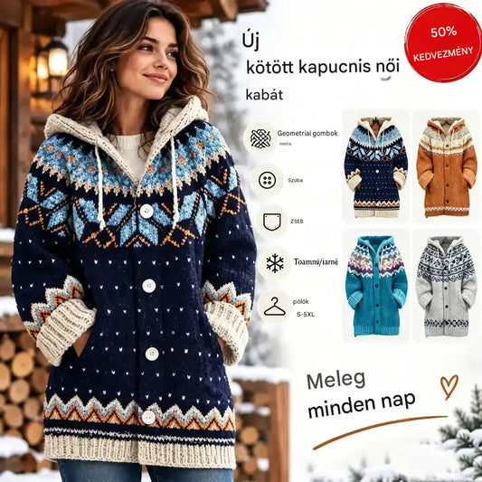 🔥🔥【S–5XL】✨Új, színes, kapucnis kötött kabát őszre/télre