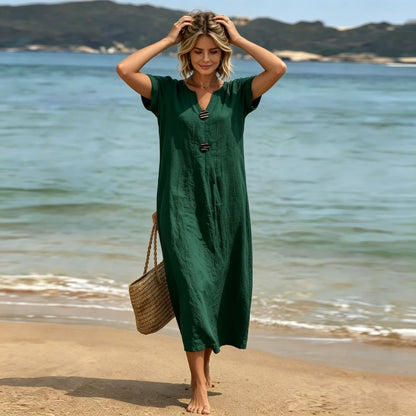 ✨【S-3XL】Elegáns len-pamut ruha, kényelem és frissesség