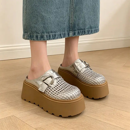 Nyári magas platform papucs, fonott és légáteresztő dizájn, retro-modern stílus, 35-40 méret