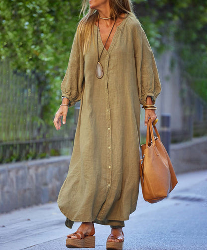 👗🎁 [S–3XL] Nova ženska duga haljina-košulja s V-izrezom, prirodni materijal od pamuka i lana