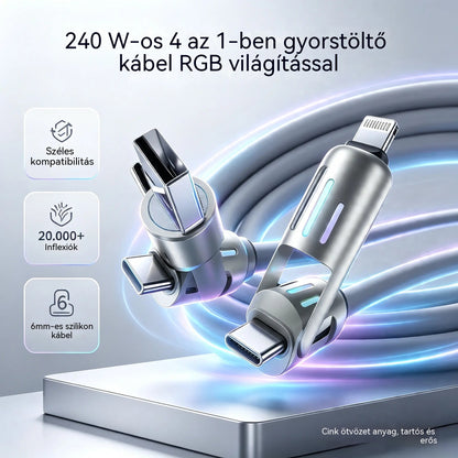 🔥【2 db 9000 Ft】🔥(2 méter hosszú) 4 az 1-ben PD 240W kábel - Gyors USB-C, Lightning és USB-A töltés, alumínium és szilikon kivitel, adatátvitel ⚡📱