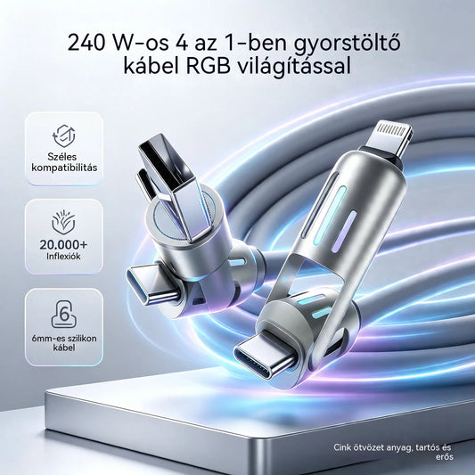 🔥【2 db 9000 Ft】🔥(2 méter hosszú) 4 az 1-ben PD 240W kábel - Gyors USB-C, Lightning és USB-A töltés, alumínium és szilikon kivitel, adatátvitel ⚡📱